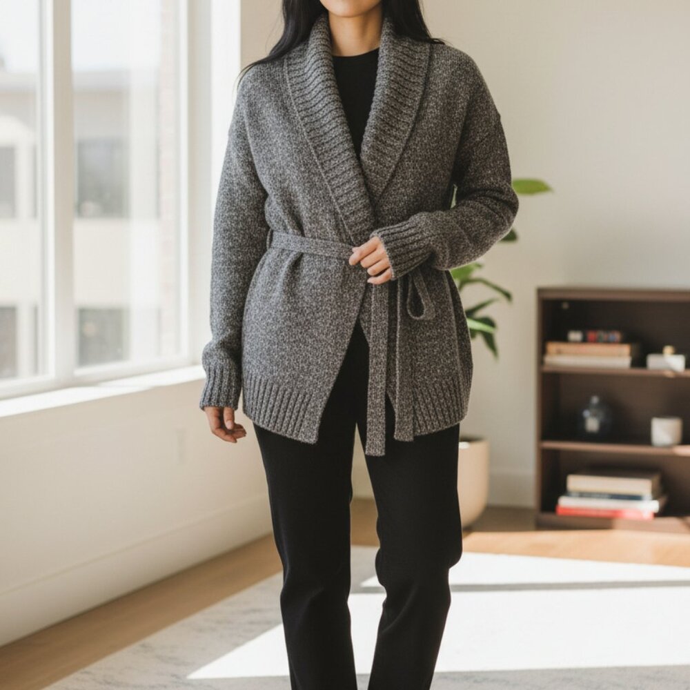 Cassis Womens Knit Wrap Cardigan Sweater Shawl‎ Collar Long Sleeve Gray